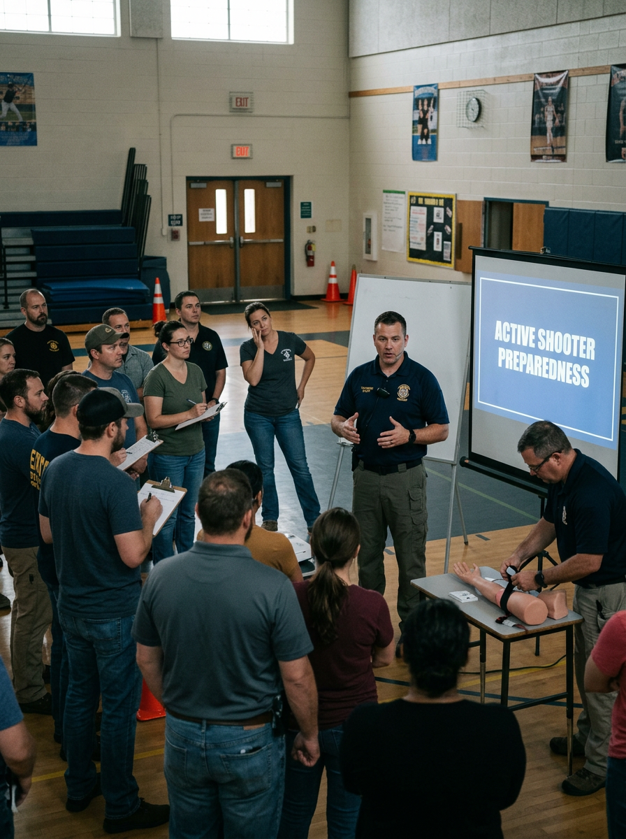 Instructor leads active shooter preparedness training for a group in a gymnasium